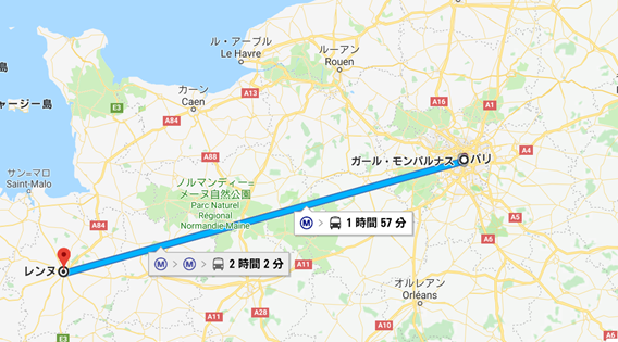 パリからレンヌまでの地図