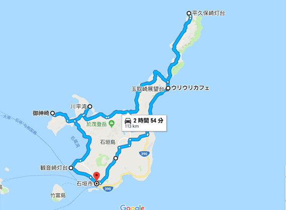 石垣島一周ドライブのルート地図